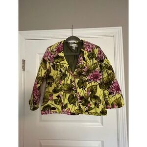 Donna Toran Linen Blend Floral Blazer Yellow Pink Lotus Flower Jacket Size 8
